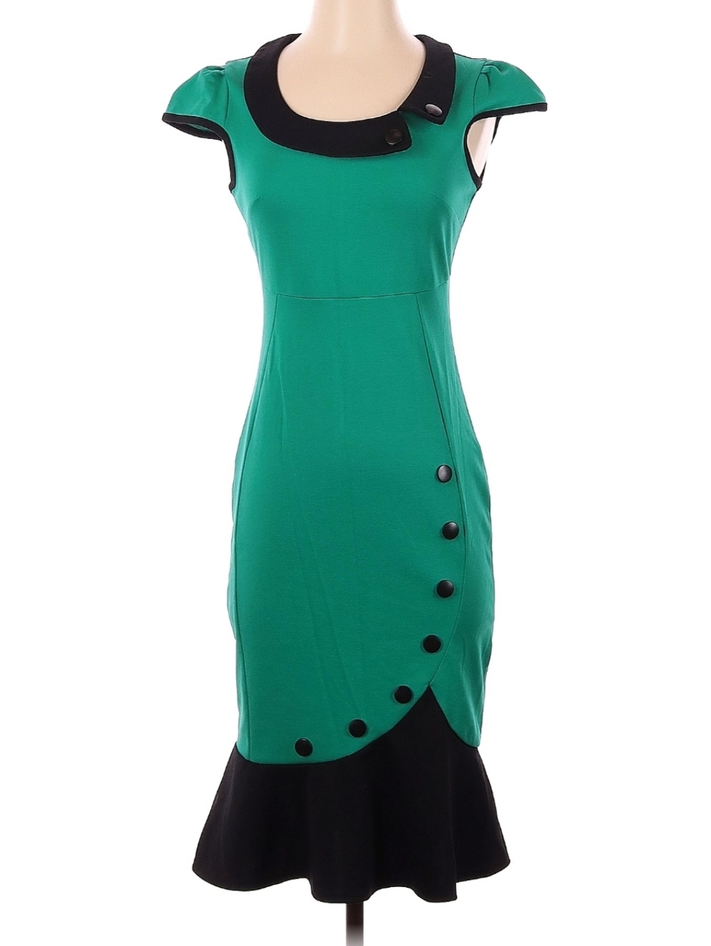 Miusol Green Dress with Black Contrast Collar & Hem
